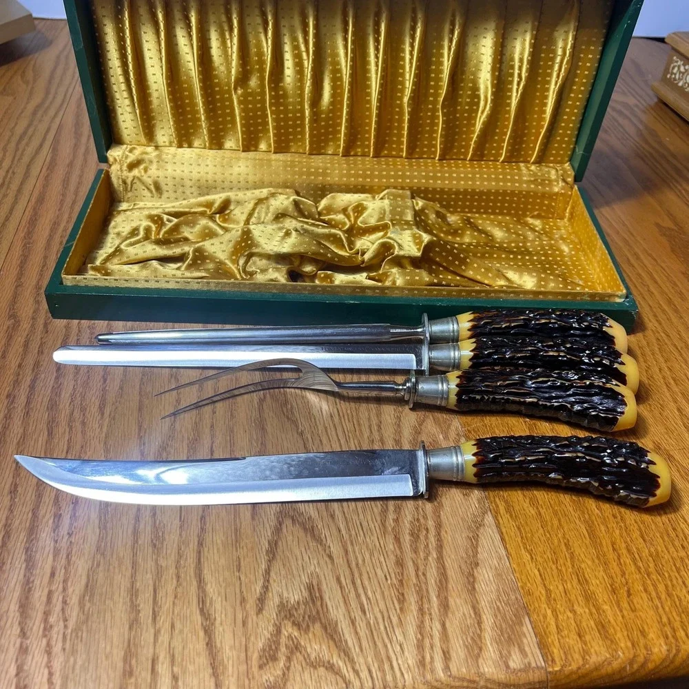 VTG Flint Stainless Vanadium USA Carving Set Faux Stag Handles Sharpener w case